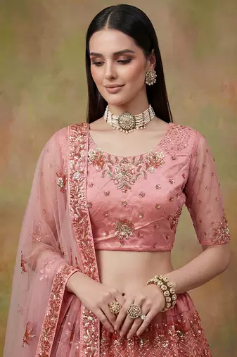 Superb Peach Sequins Net Reception Wear Lehenga With Blouse
