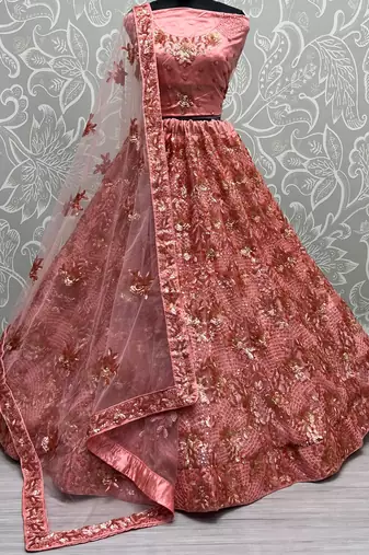 Superb Peach Sequins Net Reception Wear Lehenga With Blouse