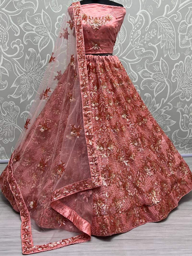 Superb Peach Sequins Net Reception Wear Lehenga With Blouse