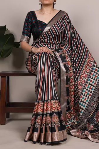 Black color printed Tasar Silk Saree