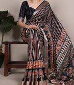 Black color printed Tasar Silk Saree