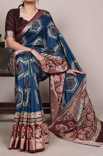 Blue color printed Tasar Silk Saree
