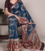 Blue color printed Tasar Silk Saree
