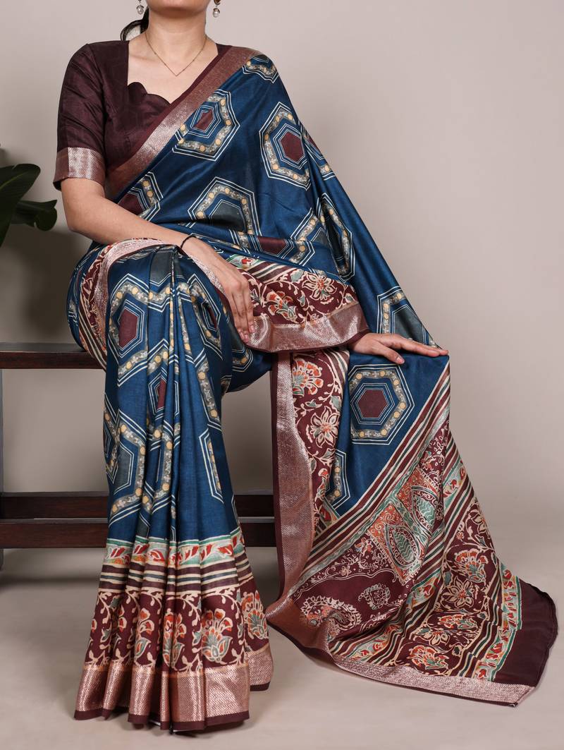 Blue color printed Tasar Silk Saree