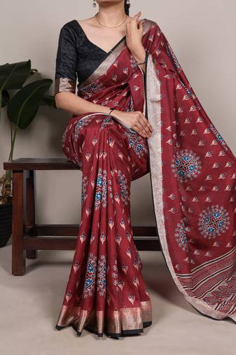 Maroon color printed Tasar Silk Saree