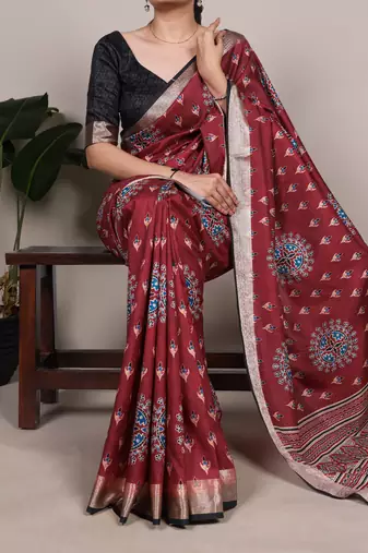 Maroon color printed Tasar Silk Saree