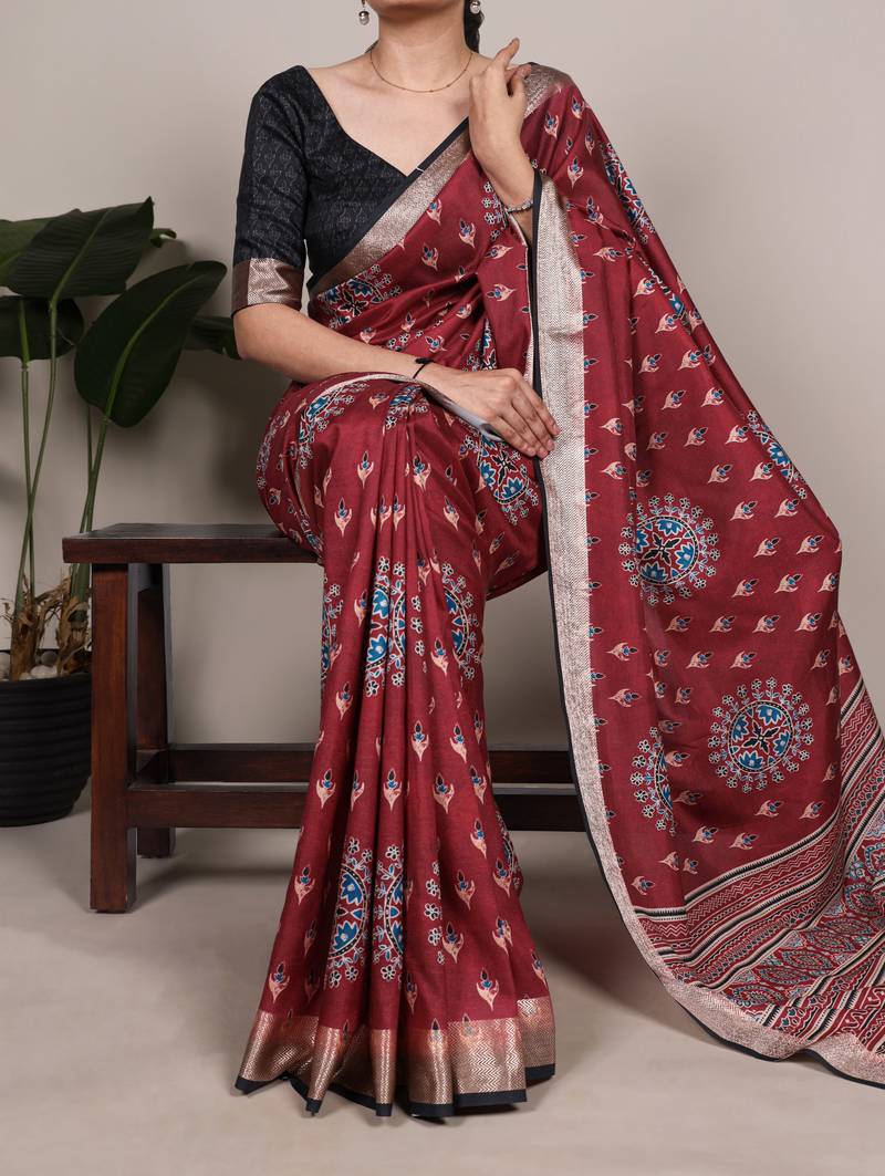 Maroon color printed Tasar Silk Saree