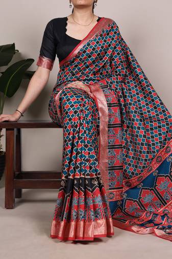 Neavy Blue color printed Tasar Silk Saree