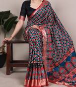 Neavy Blue color printed Tasar Silk Saree
