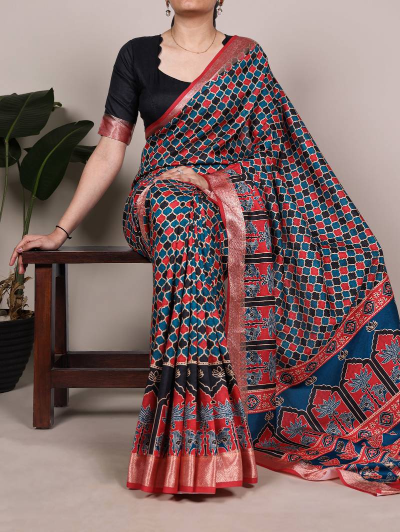 Neavy Blue color printed Tasar Silk Saree