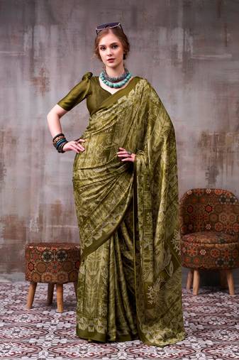 Olive color Printed  Satin Silk Saree