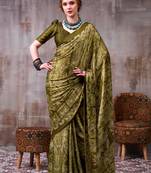 Olive color Printed  Satin Silk Saree
