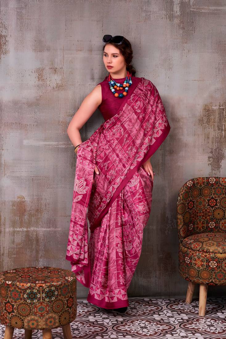 Pink color Printed  Satin Silk Saree