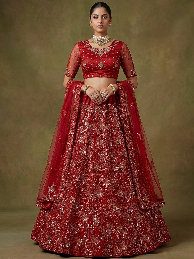 Classic Red Floral Embroidered Net Bridal Lehenga Choli With Dupatta