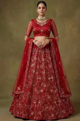 Classic Red Floral Embroidered Net Bridal Lehenga Choli With Dupatta