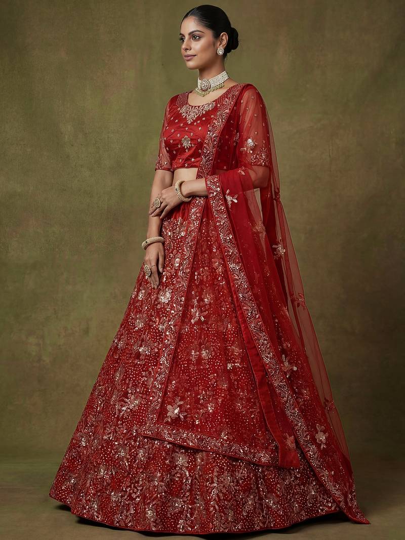 Classic Red Floral Embroidered Net Bridal Lehenga Choli With Dupatta