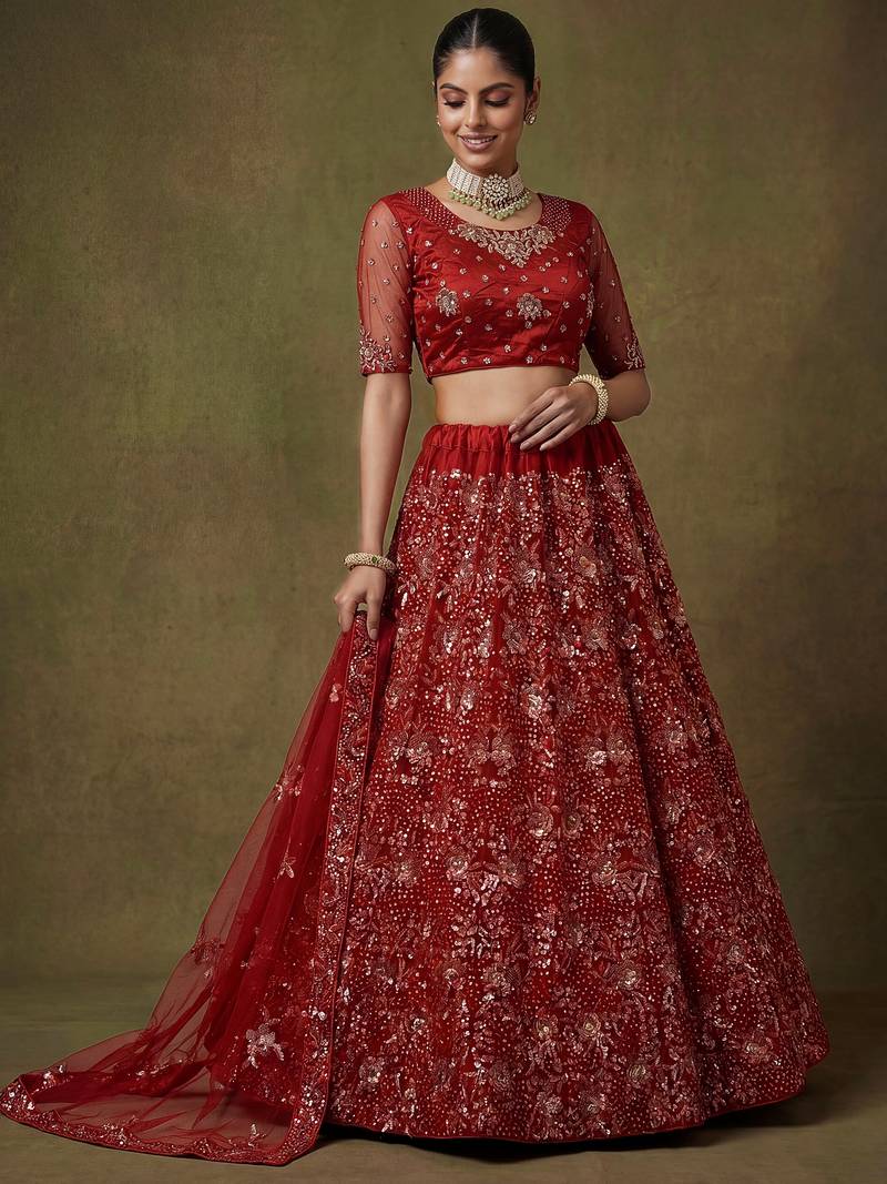 Classic Red Floral Embroidered Net Bridal Lehenga Choli With Dupatta