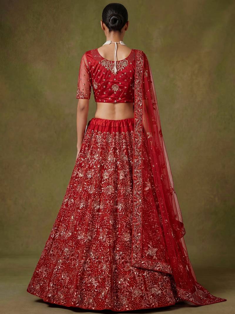 Classic Red Floral Embroidered Net Bridal Lehenga Choli With Dupatta