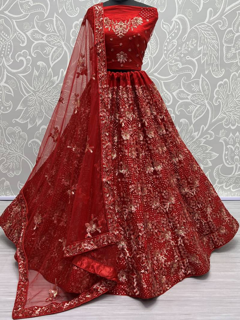 Classic Red Floral Embroidered Net Bridal Lehenga Choli With Dupatta