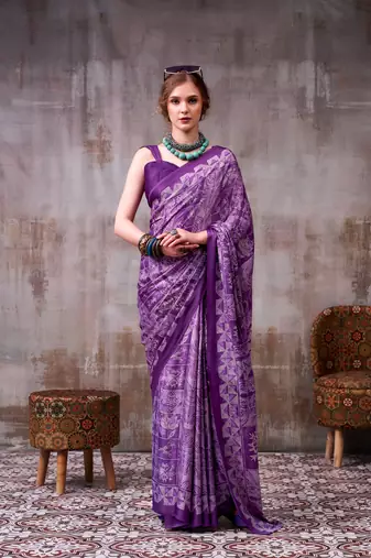 Purple color Printed  Satin Silk Saree