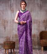 Purple color Printed  Satin Silk Saree