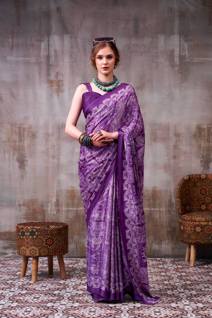 Purple color Printed  Satin Silk Saree