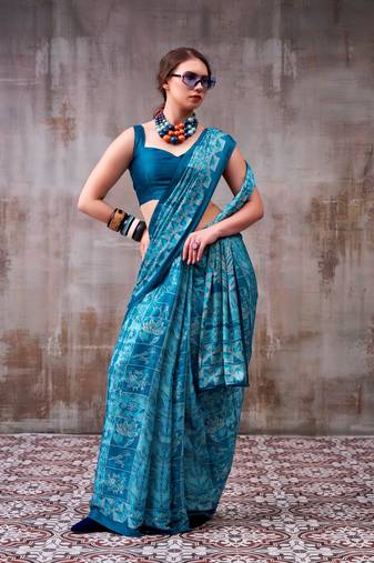 Teal color Printed  Satin Silk Saree
