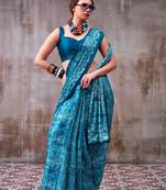 Teal color Printed  Satin Silk Saree