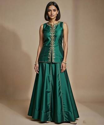 Green embroidered satin co ord set 1