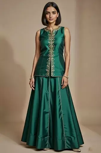Green embroidered satin co ord set