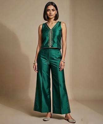 Emerald green embroidered satin co ord set 1