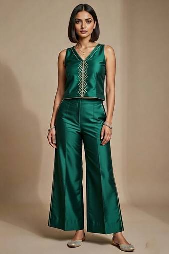 Emerald green embroidered satin co ord set