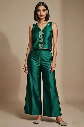 Emerald green embroidered satin co ord set