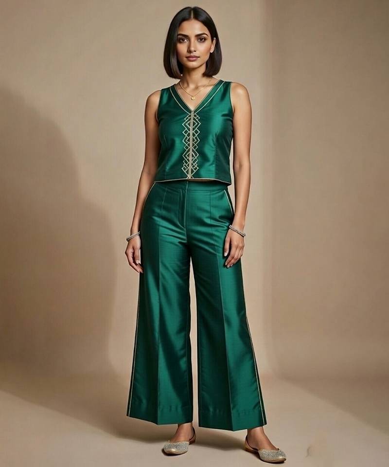 Emerald green embroidered satin co ord set
