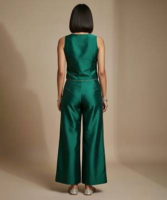 Emerald green embroidered satin co ord set 2