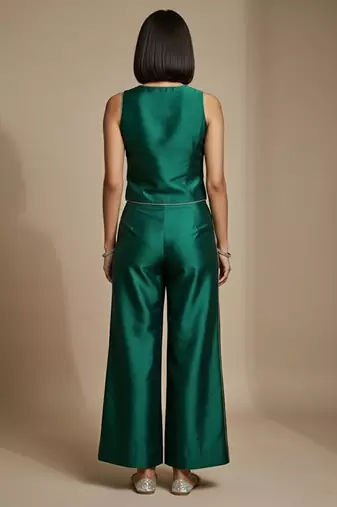 Emerald green embroidered satin co ord set