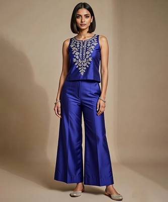 Royal blue embroidered satin co ord set 1