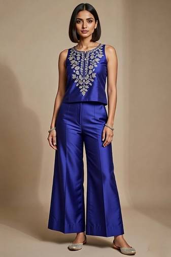 Royal blue embroidered satin co ord set