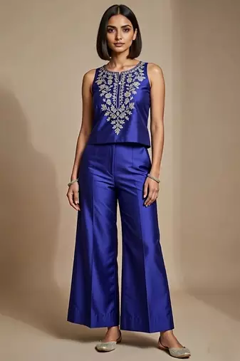 Royal blue embroidered satin co ord set