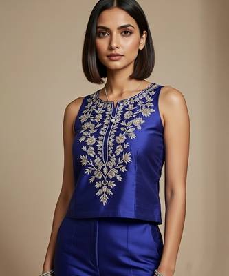 Royal blue embroidered satin co ord set 3