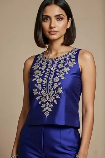 Royal blue embroidered satin co ord set