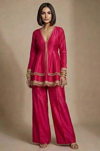 Hot pink embroidered raw silk deep neck co ord set