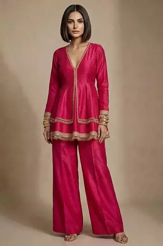 Hot pink embroidered raw silk deep neck co ord set