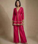 Hot pink embroidered raw silk deep neck co ord set