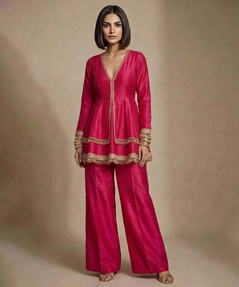 Hot pink embroidered raw silk deep neck co ord set