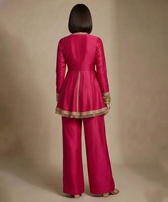 Hot pink embroidered raw silk deep neck co ord set 2