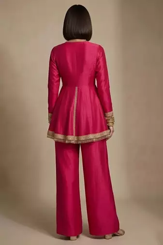 Hot pink embroidered raw silk deep neck co ord set