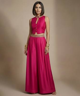 Pink embroidered raw silk co ord set 1