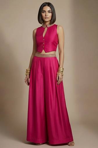 Pink embroidered raw silk co ord set