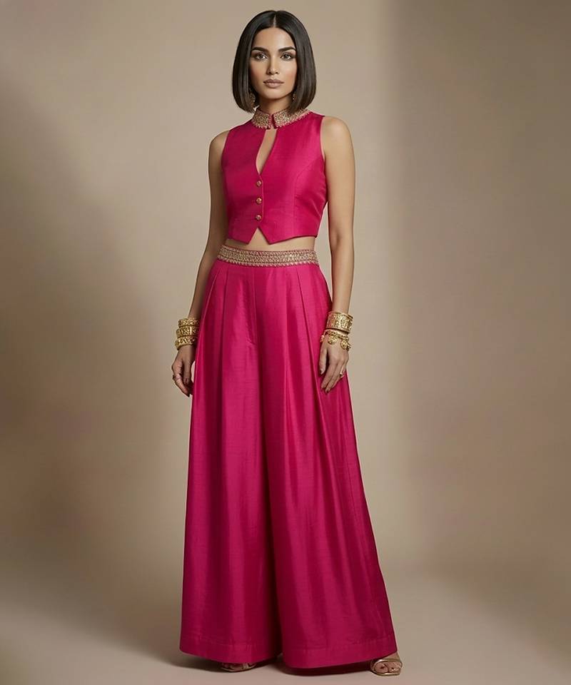 Pink embroidered raw silk co ord set